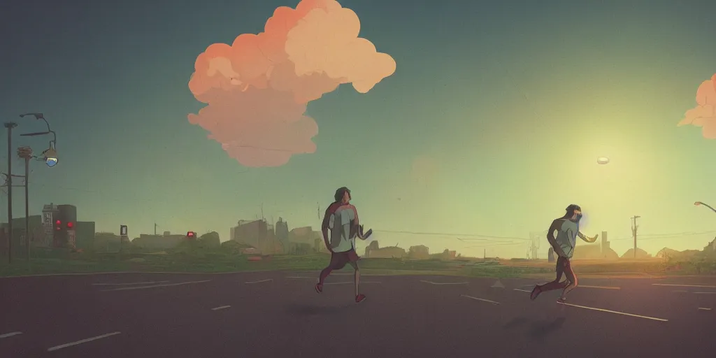 Prompt: Jesus crist running, Portrait, Very Cloudy Sky, Sun, Neon Lights, Subject in Middle, Subject in center, Rule of Thirds, Retrofuturism, Studio Ghibli, Simon Stålenhag