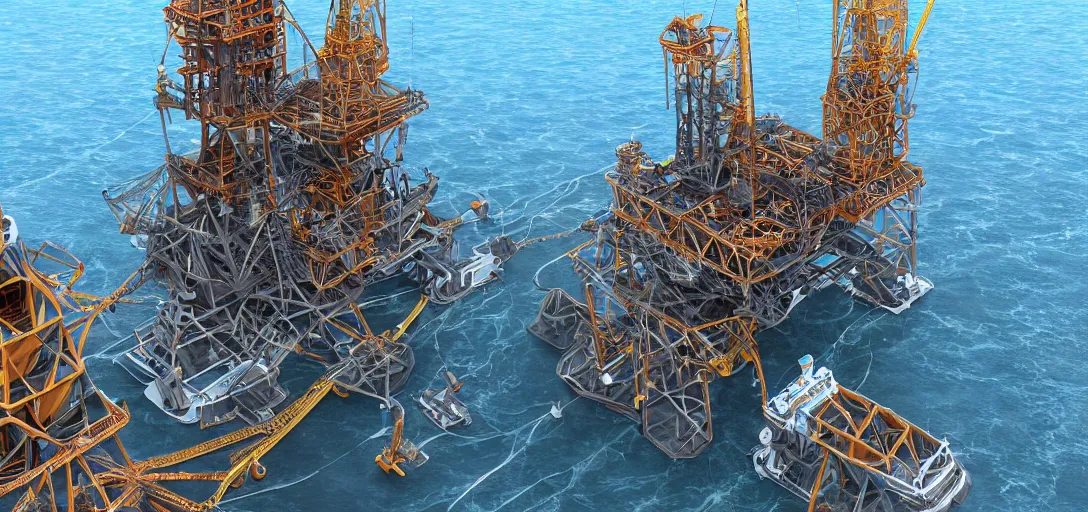 Prompt: offshore oil rig in treacherous waters, highly detailed, ultra detailed, award-winning, trending on artstation, megalophobia