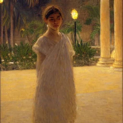 Image similar to a ultradetailed beautiful painting of a girl at night on the amazonas palace by jules bastien - lepage, hans belmer, frank weston and gustave baumann, trending on artstation, mediterranean, palm trees, light sparkles, sharp focus, soft light