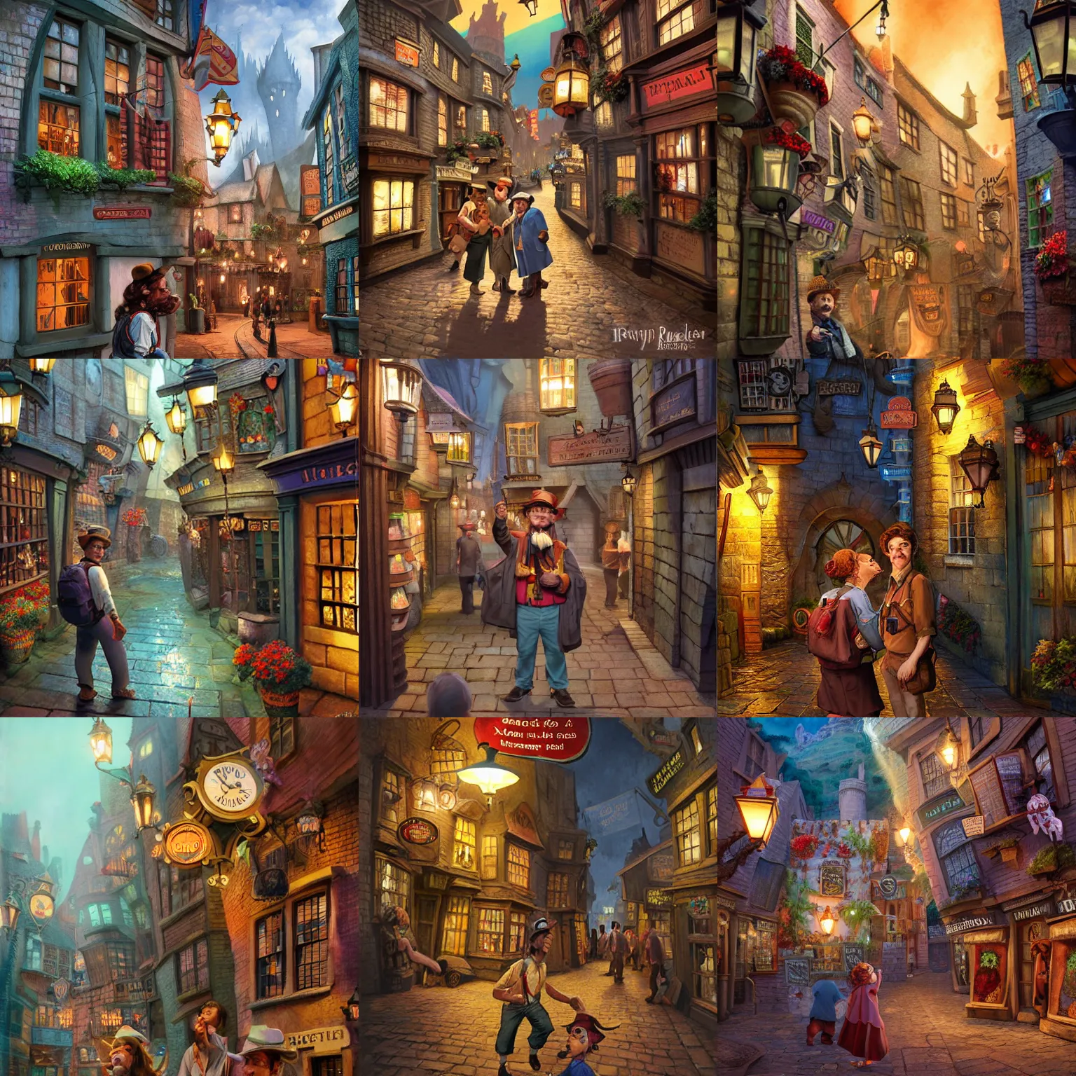 Prompt: Twoflower as a tourist in Diagon Alley detailed, hyperrealistic, colorful, cinematic lighting, digital art by Paul Kidby, Kate Oleska, and Stephen Player