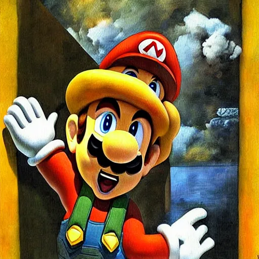 Prompt: Super Mario in an intricate painting by Salvador Dali