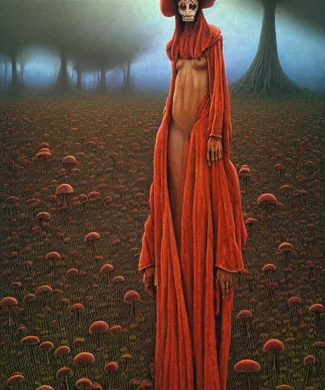 Image similar to A detailed funguswoman stands among the mushroom fields. Wearing a ripped mantle, robe. Perfect faces, extremely high details, realistic, fantasy art, solo, masterpiece, art by Zdzisław Beksiński, Pauline Baynes, Dariusz Zawadzki