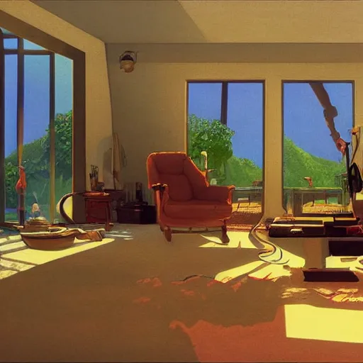 Prompt: panoramic widescreen view, a lo-fi livingroom full of things, strong light and shadows, sunshine, afternoon in summer, detailed digital painting, masterpiece, rendered in Octane, by Moebius, Jeof Darrow and Ralph McQuarrie.