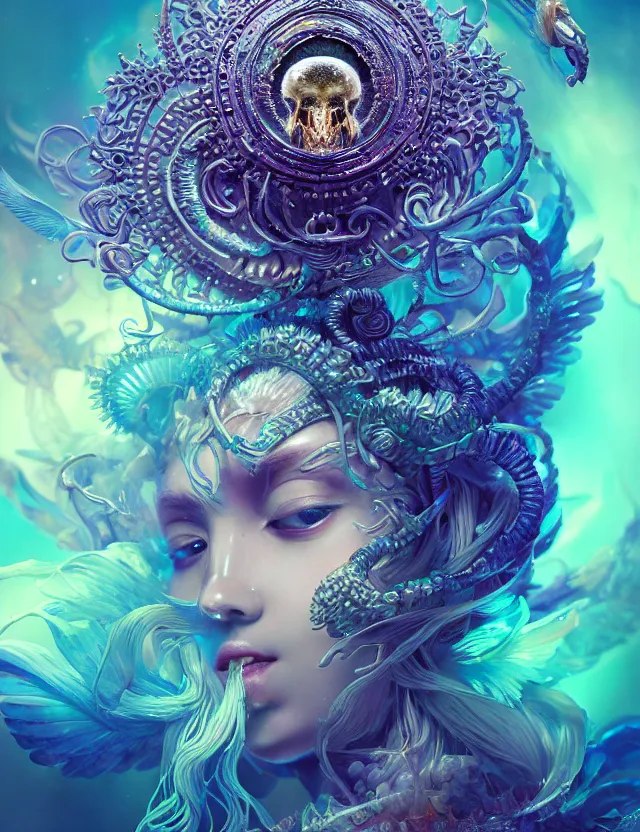 Prompt: goddess macro close - up portrait with crown made of ram skull. phoenix, betta fish, jellyfish, bioluminiscent, plasma, ice, water, wind, creature, super intricate ornaments artwork by tooth wu and wlop and beeple and greg rutkowski