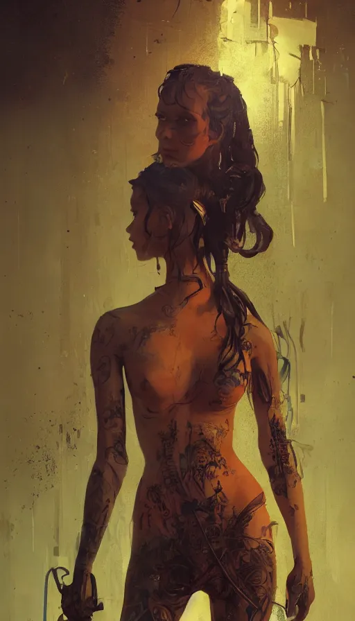 Prompt: altered carbon, detailed portrait young gangster girl, ( ( neon tattoes ) ), styled hair, decorated traditional ornaments by carl spitzweg, ismail inceoglu, vdragan bibin, hans thoma, greg rutkowski, alexandros pyromallis, perfect face, fine details, realistic shaded