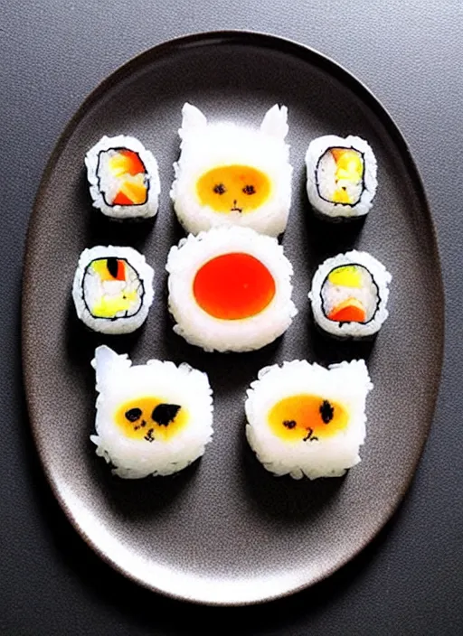 Image similar to clear surrealist painting of adorable cats made from sushi rice, sitting on sushi plates with garnish