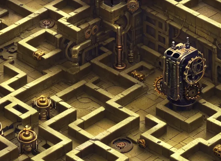 Image similar to steampunk robot in a maze by greg rutkowski and andreas rocha, tilt shift, ultra realistic, unreal engine, trending on artstation, 4 k