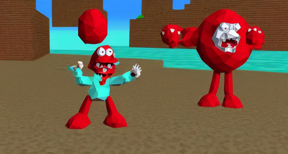 Image similar to Screenshot of a low-poly 3d version of Meatwad from Aqua Teen Hunger Force as a 3d NPC in the 3d videogame 'Super Mario 64' on the 'Nintendo-64' game console.