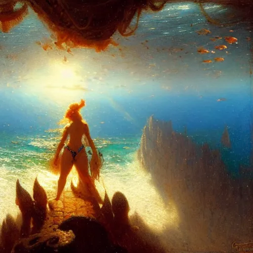 Image similar to point of view of deep in the ocean looking up, you see fishes, higher up you see the milk way, night time. highly detailed painting by gaston bussiere, greg rutkowski 8 k