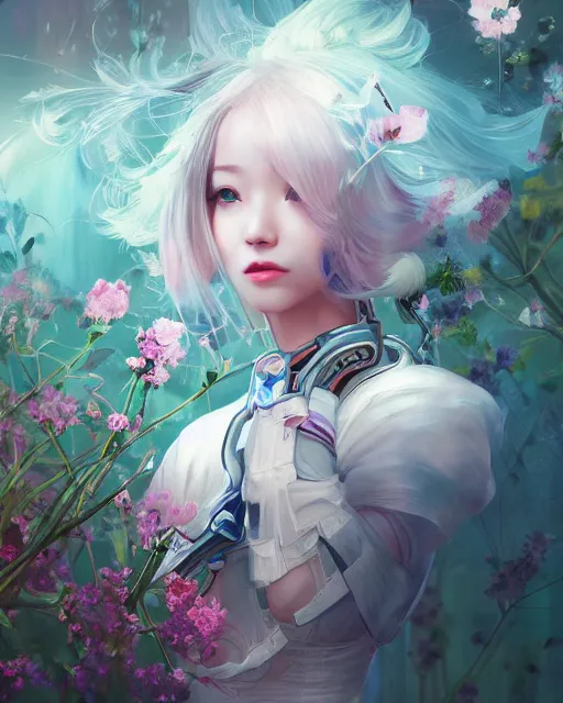 Prompt: kind cyborg girl with flowers, elegant, scifi, futuristic, utopia, garden, colorful, long white hair, cute, vibrant, dreamy, lee ji - eun, illustration, atmosphere, top lighting, blue eyes, focused, artstation, highly detailed, art by yuhong ding and chengwei pan and serafleur and ina wong