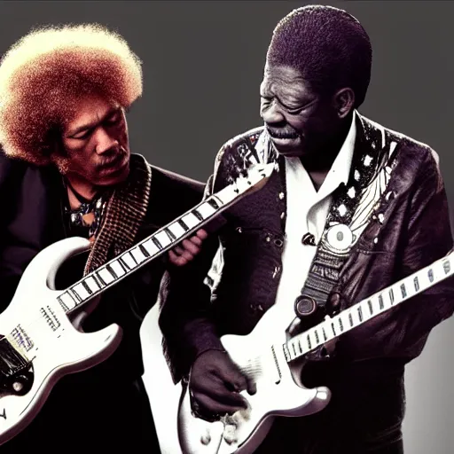 Prompt: photo of jimi hendrix and b. b king, with very highly detailed face, jamming with electric guitars. photorealistic, unreal engine 5, trending on artstation, 4 k, 8 k, uhd, beautiful, dramatic by steve mccurry