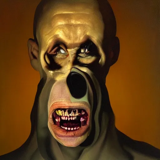 Image similar to Oil painting by Christian Rex Van Minnen of a portrait of an extremely bizarre disturbing mutated man with intense chiaroscuro lighting perfect composition