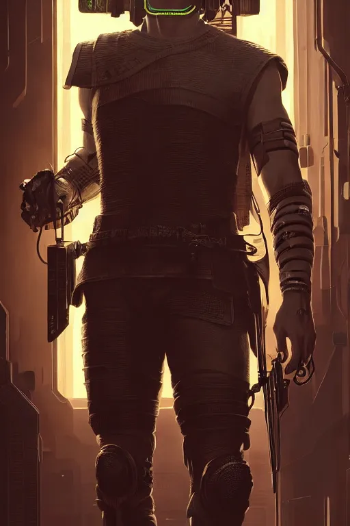 Image similar to A film still roman soldier as a cyberpunk 2077 loading screen, highly detailed, digital painting, artstation, concept art, sharp focus, illustration, cinematic lighting, art by artgerm and greg rutkowski and alphonse mucha diffuse lighting, fantasy, intricate, elegant, highly detailed, lifelike, photorealistic, digital painting, artstation, illustration, concept art, smooth, sharp focus, art by John Collier and Albert Aublet and Krenz Cushart and Artem Demura and Alphonse Mucha