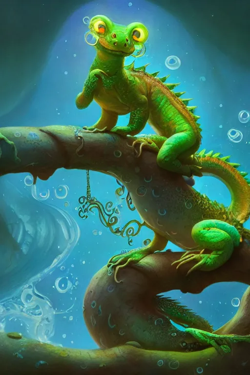 Image similar to a surreal Bioluminescent, very very very cute Water Dragon in a happy world by Daniel Merriam, Trending on Artstation, oil on Canvas by Elena Zhurikhina and Goro Fujita and Charlie Bowater, octane render, 4k, 8k, HD