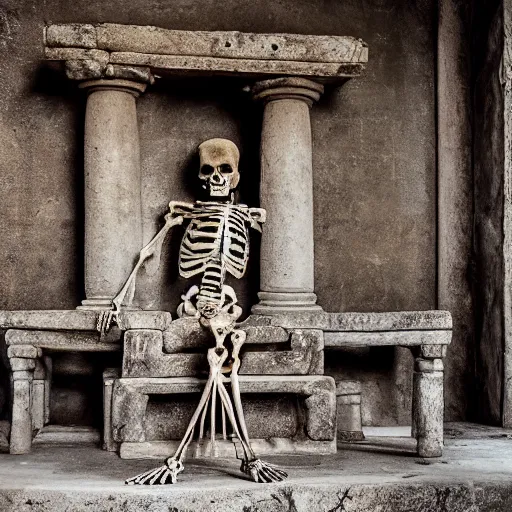 Image similar to ancient skeleton sits on a throne in an old temple with godrays, XF IQ4, 150MP, 50mm, f/1.4, ISO 200, 1/160s, natural light, Adobe Photoshop, Adobe Lightroom, DxO Photolab, Corel PaintShop Pro, rule of thirds, symmetrical balance, depth layering, polarizing filter, Sense of Depth, AI enhanced