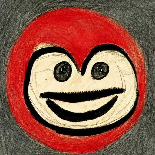 Image similar to primitive drawing of smiling circle face with red eyes thumb up. Сhild drawing picture