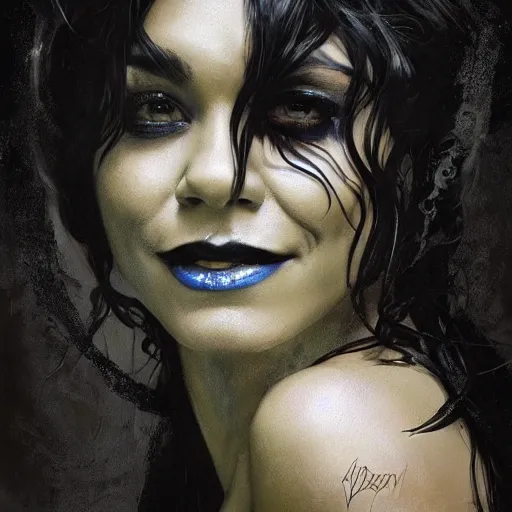 Image similar to beautiful portrait of vanessa hudgens as death from sandman, smiling, by cedric peyravernay, alphonse mucha, by jeremy mann, by lecouffe deharme, goth chic, soft lightning, eyeliner, punk rock, high detailed, 8 k