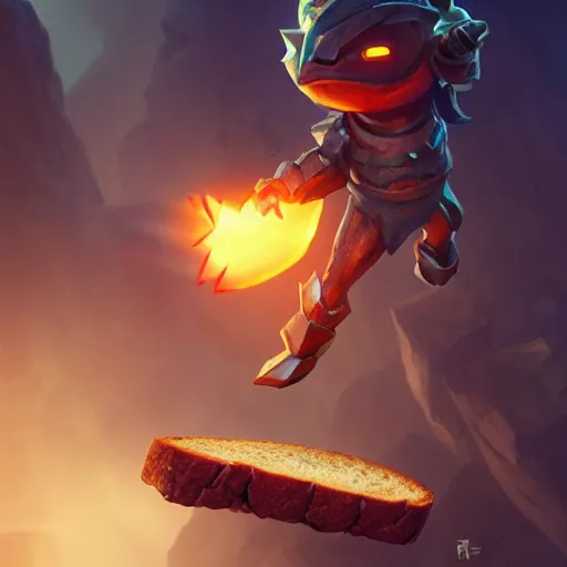 Image similar to battle toast, a slice of toasted bread with a face, arms and legs, holding a sword, cute, volumetric lighting, dynamic composition, fantasy, hyper detailed, ultra realistic, sharp focus, octane render, concept art by ruan jia and heng z and artem