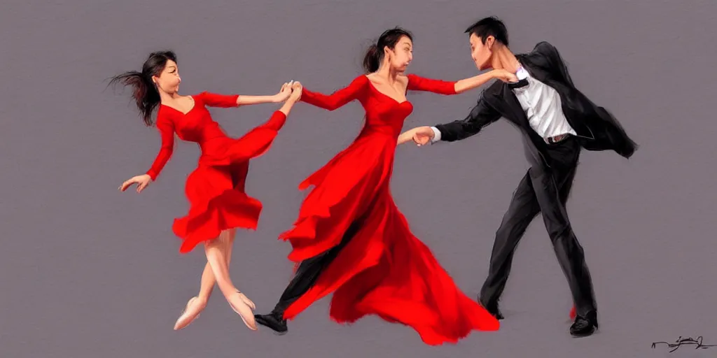 Image similar to Dancing Gesture draw by Stanley Artgerm Lau, Gesture draw, Salsa Dance, couple, lady using red dress, guy using a fancy suit, Salsa tricks, WLOP, Rossdraws, James Jean, Andrei Riabovitchev, Marc Simonetti, and Sakimichan, trending on artstation