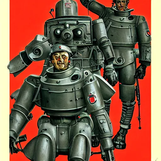 Image similar to Soviet mechs in the style of Norman Rockwell, world war 2, WWII, propaganda poster, sci-fi illustrations, highly detailed, award-winning, patriotic, soviet, ussr, dark, gritty, ink