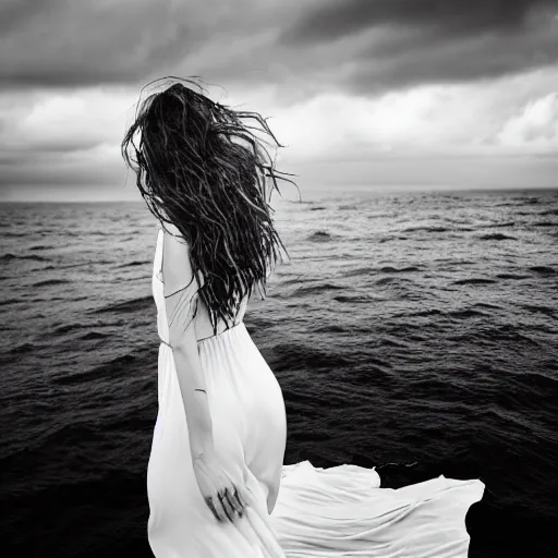Prompt: A woman. melancholic. in the middle of the ocean. detailed. photorealism. granular photography. tumultuous sea. cloudy. long wavy hair. long wavy white dress. black and white. 24mm lens. shutter speed 4/1. iso 100. f/2.8 W-1024