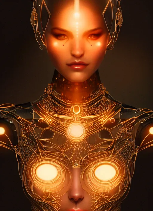 Image similar to portrait of female ex - machina humanoid, intricate, elegant, glowing lights, highly detailed, digital painting, artstation, glamor pose, concept art, smooth, sharp focus, illustration, art by artgerm and greg rutkowski