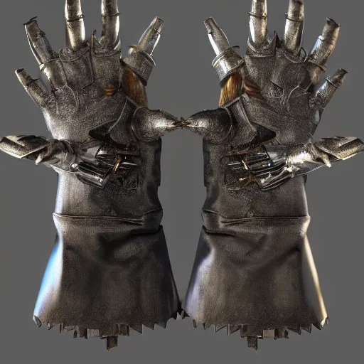 Image similar to metal claws on gloves, weaponized gauntlett, old gloves with attached talons, pointy fingertips, dark background, highly detailed, 8 k, trending on artstation, mystic, rpg artwork, by peter jackson, by sauron