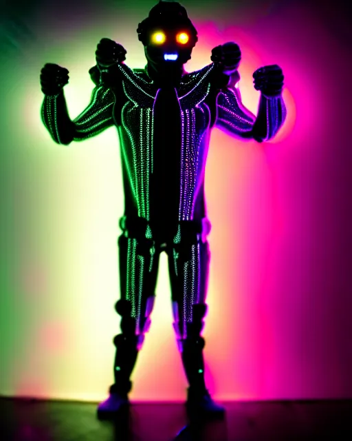 Prompt: six armed cybersuit gods, dark bio-mechanical bio-luminescence, luminous capes, glowing drapes, fiberoptic hair, bokeh, flowing, floating, movement, connecting life, cinematic