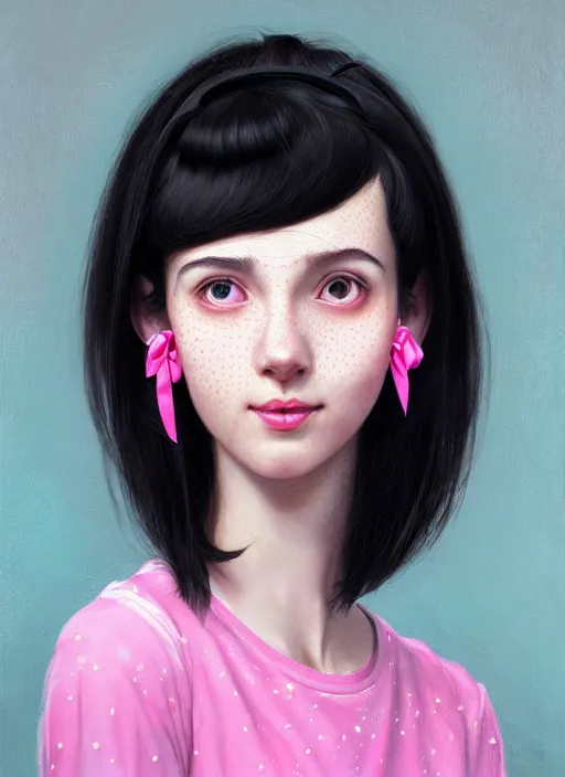 Image similar to portrait of high school girl, realistic, black hair, bangs, half updo hairstyle, pointy nose, skinny, smile, ugly, defined jawline, big chin, pink hair bow, earrings, intricate, elegant, glowing lights, highly detailed, digital painting, artstation, sharp focus, illustration, art by wlop, mars ravelo and greg rutkowski