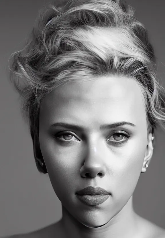 Image similar to portrait photo photo of Scarlett Johansson:: symmetric face, symmetric eyes, slight smile, photo by Annie Leibovitz, 85mm, teal studio backdrop, Getty images