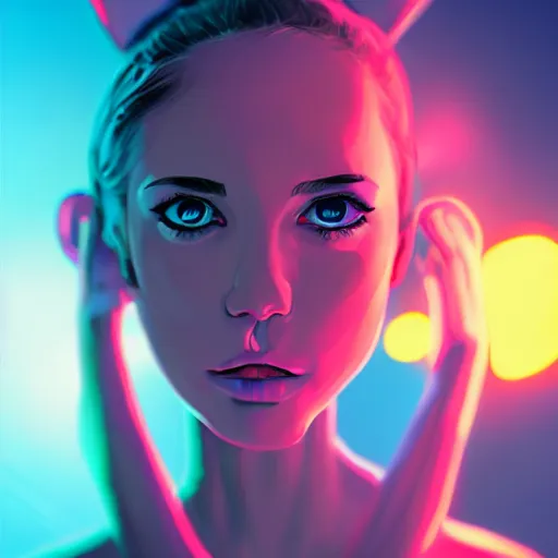 Image similar to portrait of a cute young woman with robot ears and eyes, 4k, sharp focus, neon colored fluorescent lighting, Andreas Rocha