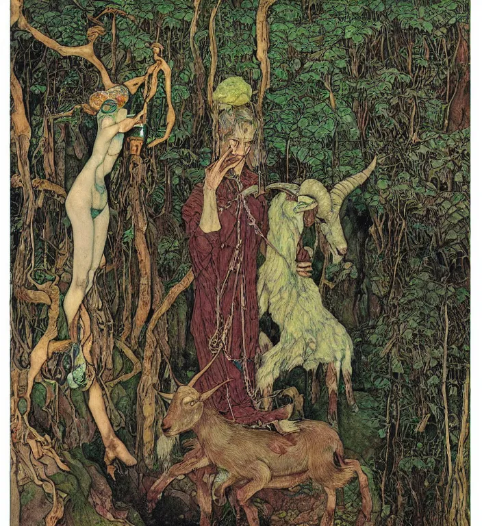 Image similar to person in the forest with a goat and a robot by Ivan Bilibin, Austin Osman Spare, Norman Rockwell, high quality, ultra detailed. Beksinski painting, part by Adrian Ghenie and Gerhard Richter. art by Takato Yamamoto. masterpiece