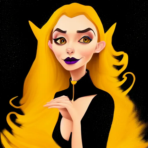 Image similar to portrait of a beautiful female witch in black and golden dress , digital painting , digital art , pixar style , Disney , cute , trending on artstation