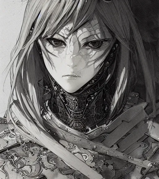 Image similar to portrait of anime woman in armor, pen and ink, intricate line drawings, by craig mullins, ruan jia, kentaro miura, greg rutkowski, loundraw