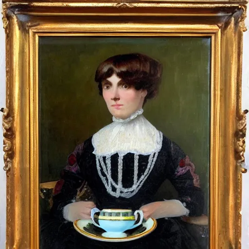 Image similar to portrait of a Victorian woman holding a teacup, oil on canvas, highly detailed, uncluttered,