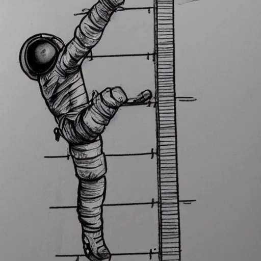 Image similar to a pencil sketch of an astronaut climbing a tall building