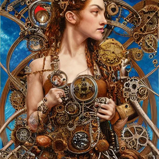 Image similar to A steampunk beautiful goddess, she is wavy, she is embellished with gears wheels and gemstones, by William Holman Hunt, Greg Rutkowski, Stanely Artgerm, Tooth Wu, Peter Gric, Aaron Horkey, trending on Artstation, digital art, mythological, symmetrical artwork, cinematic lighting, hyper realism, high detail, octane render, ultra realistic, golden ratio, 4k, 8k