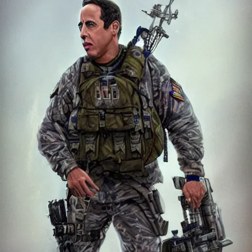 Image similar to Jerry Seinfeld as a navy SEAL, high resolution fantasy concept art, intricate details, soft lighting