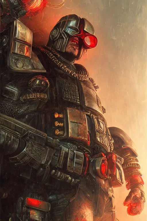 Prompt: Judge Dredd, realistic and ultra intricate detailed soft painting, volumetric lighting, mist, chains and red fluid background, Artstation, Tom Bagshaw Yasushi Nirasawa Moebius artstyle, unreal render, depth of field