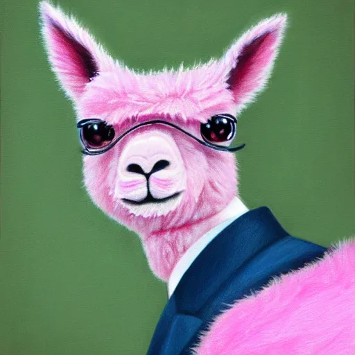 Image similar to detailed portrait painting of a pink alpaca wearing a suit, manga, trending on artstation, by Hayao Miyazaki, beautiful, colorful