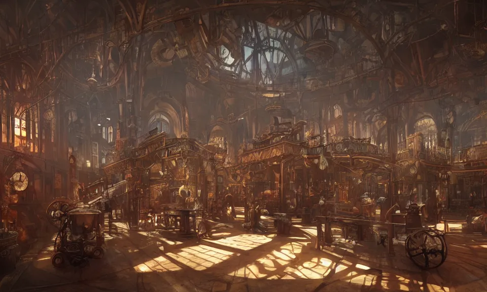 Prompt: Interior of a Steampunk amusement park Greg Rutkowski, ArtStation, CGSociety, ultra realistic, zenith view, ray tracing, 3d render, HDR, Unreal Engine