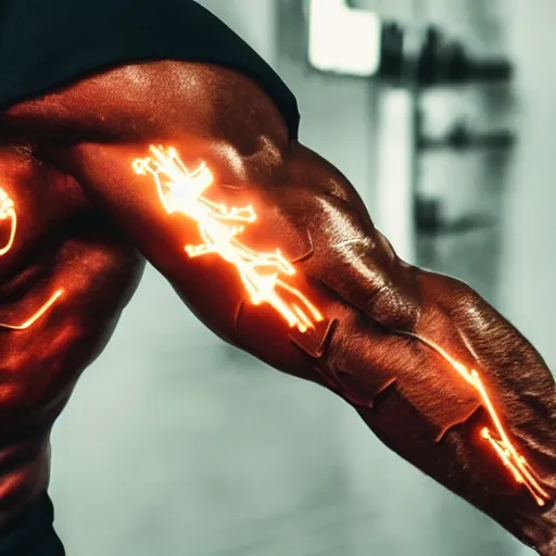 Prompt: man flexing metal arm bicep, metal skin, metal skin, bicep glowing iron, hot glowing iron