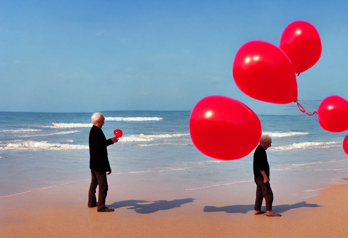 Image similar to lonely old man on the beach, holding red balloons. extremely high fidelity, 8 k, super resolution, cinematic view, super resolution, epic, hyperdetailed, digital painting, artstation, concept art, smooth, sharp focus, octane render, dramatic lighting, ground level, art by artgerm and greg rutkowski and alphonse mucha and wlop