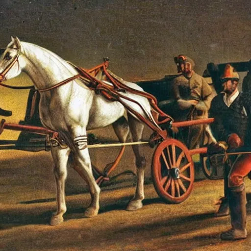 Image similar to a horse pulling a canon. the canon is harnessed to the horse and towed. the canon has a long barrel