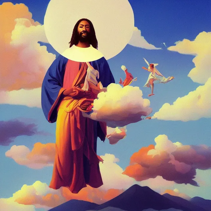 Image similar to UFO hovering over an African Jesus , clouds, colourful, painting by Hsiao-Ron Cheng,