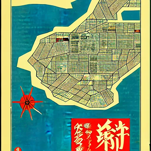 Prompt: propaganda poster of a high resolution map of a cyberpunk city in Ukiyo-e style, HD