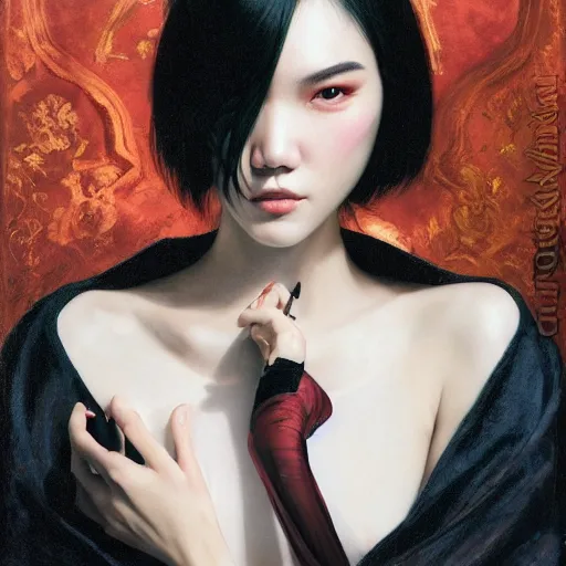 Image similar to detailed cinematic wide shot of beautiful attractive tao okamoto asian vampire woman wearing black bath robe slim face symettrical face clean skin black eyes black robe smooth, sharp focus, ultra realistic, spring light, painting by gaston bussiere, craig mullins, j. c. leyendecker