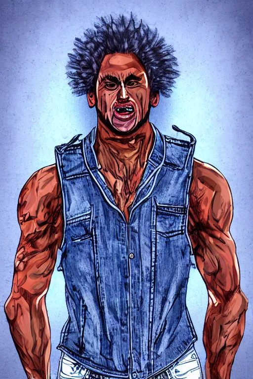 Prompt: a maniac in a denim vest named spike. exaggerated features. digital art. harsh lighting.