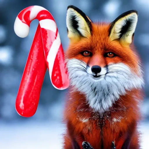 Prompt: fox animal holding a candy cane and smiling, set in a snowy forest