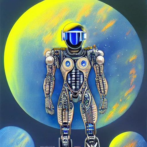 Image similar to futurist cyborg knight, perfect future, award winning art by alan bean, sharp color palette